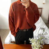 Wiaofellas Autumn Men's Vintage Knit Stripe Lapel Stripe POLO Shirt Solid Color Comfort Long Sleeve T-Shirt New
