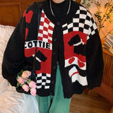 Wiaofellas Autumn Winter Trendy Brand Y2k Love Checkerboard Cartoon Cardigan Sweater Unisex Graffiti Lazy High Street Loose Knitted Jacket