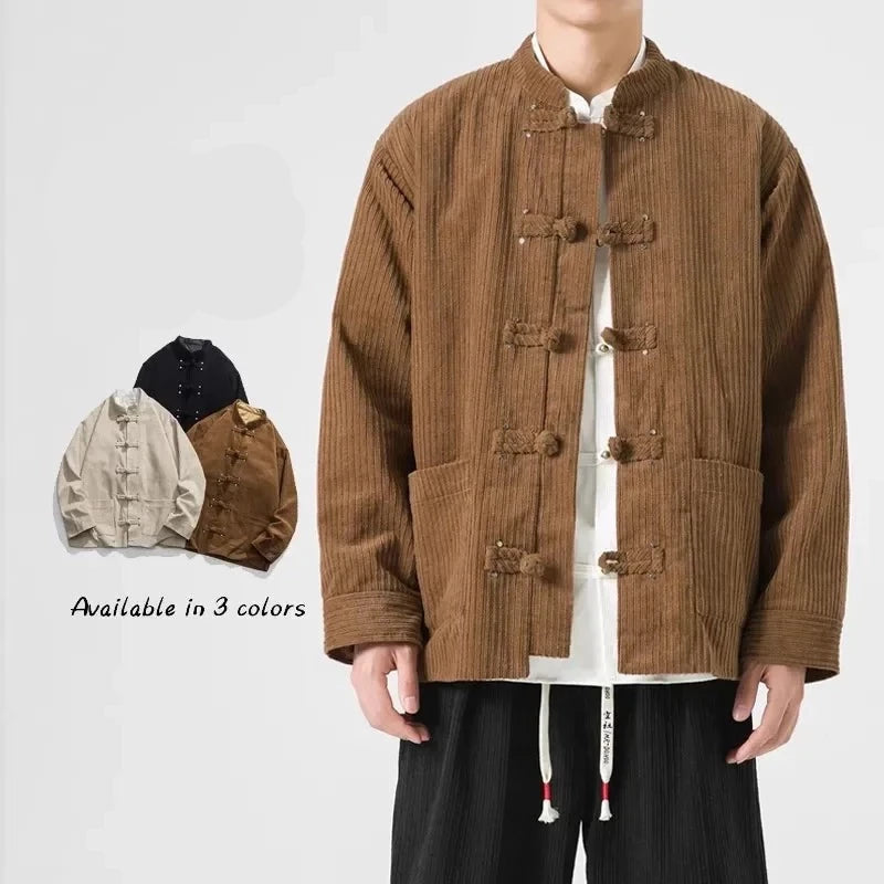 Wiaofellas Autumn and Winter New Men's Corduroy Jacket Coat Chinese Vintage Tang Suit Cotton Cushion Button Coat