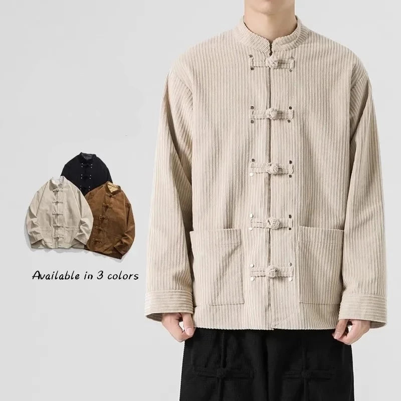 Wiaofellas Autumn and Winter New Men's Corduroy Jacket Coat Chinese Vintage Tang Suit Cotton Cushion Button Coat