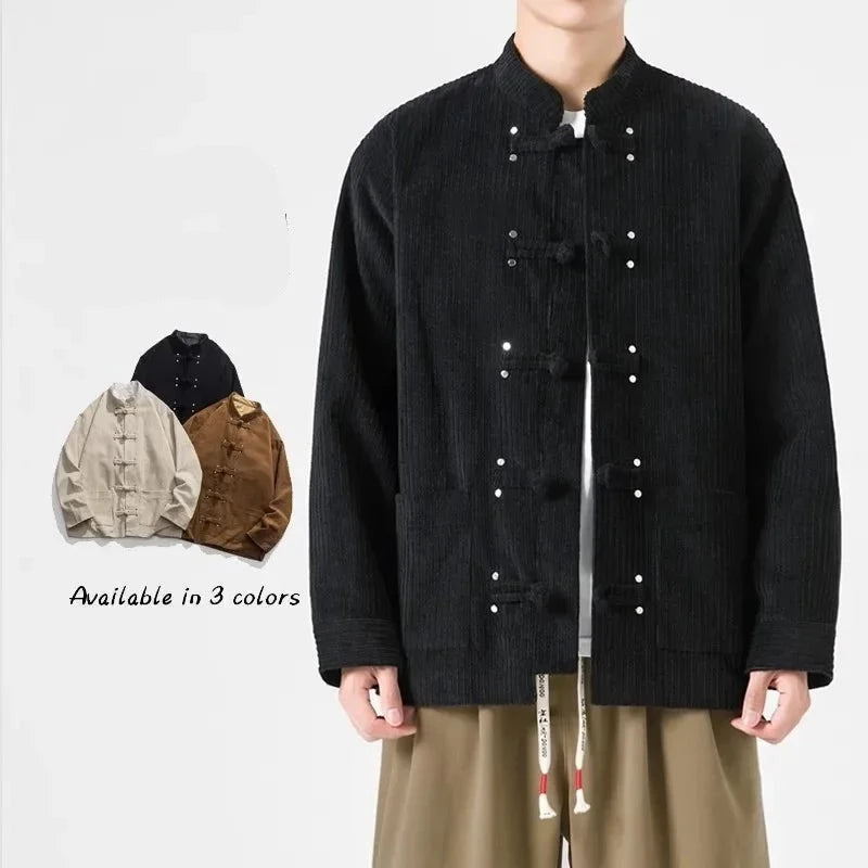 Wiaofellas Autumn and Winter New Men's Corduroy Jacket Coat Chinese Vintage Tang Suit Cotton Cushion Button Coat