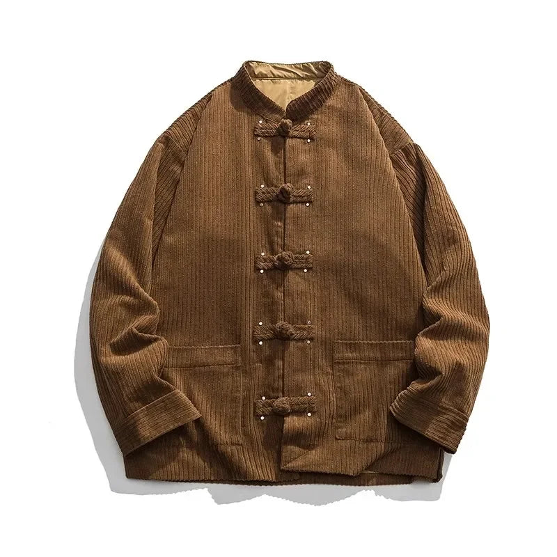Wiaofellas Autumn and Winter New Men's Corduroy Jacket Coat Chinese Vintage Tang Suit Cotton Cushion Button Coat
