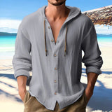 Wiaofellas Cool Spring Summer Buttoned Drawstring Cardigan Top Streetwear Long Sleeve Hooded Sweatshirts Solid Cotton Linen Shirts
