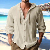 Wiaofellas Cool Spring Summer Buttoned Drawstring Cardigan Top Streetwear Long Sleeve Hooded Sweatshirts Solid Cotton Linen Shirts