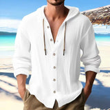 Wiaofellas Cool Spring Summer Buttoned Drawstring Cardigan Top Streetwear Long Sleeve Hooded Sweatshirts Solid Cotton Linen Shirts