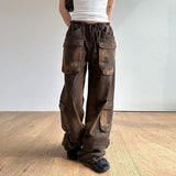 Wiaofellas Distressed Brown Wasteland Style Pocket Stitching Jeans Women Fashion Street Loose Low Waist Straight Leg Pants Y2k Pants