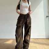 Wiaofellas Distressed Brown Wasteland Style Pocket Stitching Jeans Women Fashion Street Loose Low Waist Straight Leg Pants Y2k Pants