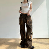 Wiaofellas Distressed Brown Wasteland Style Pocket Stitching Jeans Women Fashion Street Loose Low Waist Straight Leg Pants Y2k Pants