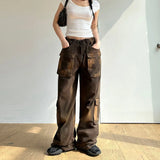 Wiaofellas Distressed Brown Wasteland Style Pocket Stitching Jeans Women Fashion Street Loose Low Waist Straight Leg Pants Y2k Pants