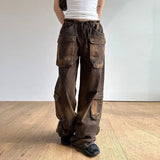 Wiaofellas Distressed Brown Wasteland Style Pocket Stitching Jeans Women Fashion Street Loose Low Waist Straight Leg Pants Y2k Pants