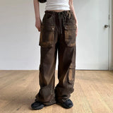 Wiaofellas Distressed Brown Wasteland Style Pocket Stitching Jeans Women Fashion Street Loose Low Waist Straight Leg Pants Y2k Pants