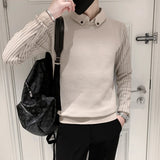 Wiaofellas Fake 2 Pieces Shirt Collar Knit Sweater/Male Slim Fit British Style Fashion Casual Pullover Men's Stripe Casual Sweater S-3XL