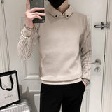 Wiaofellas Fake 2 Pieces Shirt Collar Knit Sweater/Male Slim Fit British Style Fashion Casual Pullover Men's Stripe Casual Sweater S-3XL