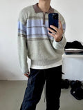 Wiaofellas Fall Men Casual Lapel Furry Pullover Winter Long Sleeve Zip Sweater Youth Contract Color Striped Knitwear Knit Polos Shirts