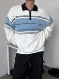 Wiaofellas Fall Men Casual Lapel Furry Pullover Winter Long Sleeve Zip Sweater Youth Contract Color Striped Knitwear Knit Polos Shirts