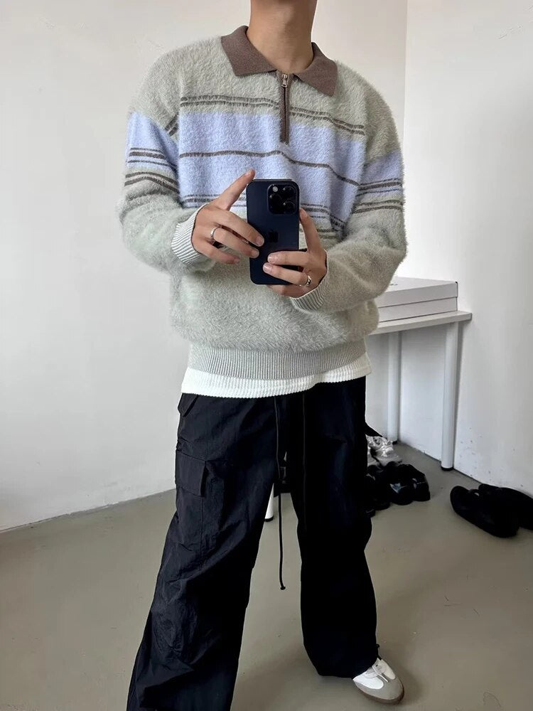 Wiaofellas Fall Men Casual Lapel Furry Pullover Winter Long Sleeve Zip Sweater Youth Contract Color Striped Knitwear Knit Polos Shirts