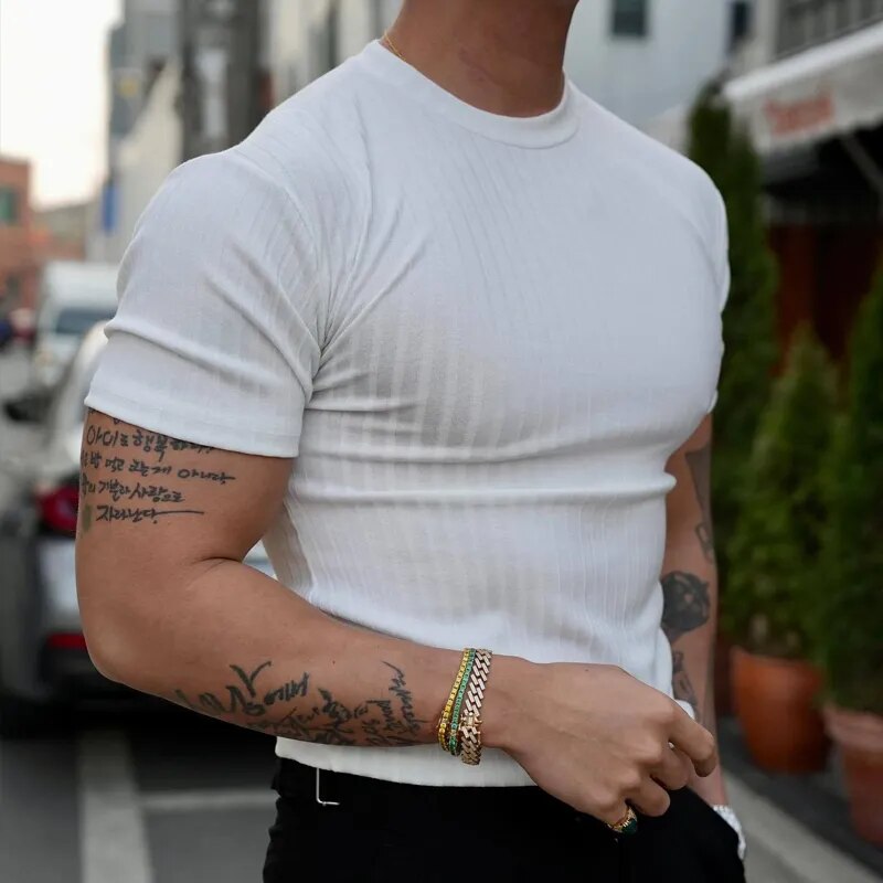 Wiaofellas Fashion Solid Color Ribbed Slim T Shirts Men's Streetwear Classic Simple Crew Neck Short Sleeve Tees Summer Leisure Men Clothes