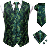 Wiaofellas Hi-Tie Burgundy Paisley Floral Silk Men's Slim Waistcoat Necktie Set For Suit Dress Wedding 4PCS Vest Necktie Hanky Cufflink Set