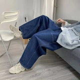 Wiaofellas New Style Men's Retro Streetwear Trousers Straight Overalls Hip Hop Casual Pants Trendy Loose Wide Leg Pants Blue Color Jeans