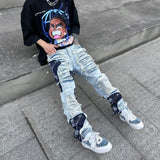 Wiaofellas Fashion Streetwear Mens Washed Knife Cut Damaged Patch Ripped Jeans Stitching Men's and Women's Straight Loose Wide Leg Pant
