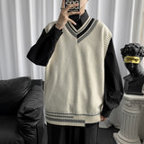 Wiaofellas Striped V-neck Sweater Vests Men Loose Sleeveless Knitwear Male Preppy Style Autumn Warm Thermal Jumpers College Simple Baggy