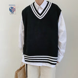 Wiaofellas Men Sweater Vests Striped Sleeveless V-neck Knitted Shrug Ins Preppy Style Ulzzang Chic Leisure Loose Male Clothing Harajuku New