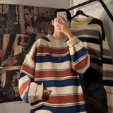 Wiaofellas Men's Fashion Loose Coats Striped Printing Wool Sweater Couples Clothes Cashmere Knitting In Warm Round Neck Pullover M-2XL