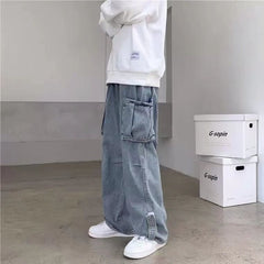 Wiaofellas Men Jeans Wide Leg Denim Pants Side Pockets Loose Straight Baggy Male Cargo Pants Streetwear Skateboard Hip Hop Casual Trousers