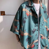 Wiaofellas Mens Crane Print Shirts Harajuku Summer Vintage Button Up Short Sleeve Shirts Male Korean Fashions Smooth Blouses