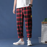 Wiaofellas Black Plaid Joggers Pants Men's Cotton Comfortable Pant Summer Loose Comfortable Casual Trendy Japanese Eight Pant Sweatpants