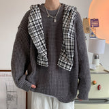 Wiaofellas Waffle Round Neck Sweater Oversized Solid Color Fashion Harajuku Men's Jumpers Autumn Casual Knitted Pullovers