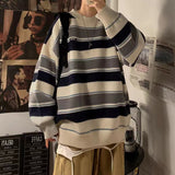Wiaofellas Men's Fashion Loose Coats Striped Printing Wool Sweater Couples Clothes Cashmere Knitting In Warm Round Neck Pullover M-2XL
