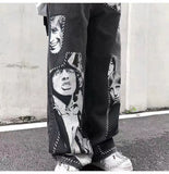 Wiaofellas Hip Hop Jeans Pant Men Patchwork Rock Band Print Wide Leg Streetwear Loose Straight Denim Patch Harajuku Trousers Couple skeleto