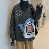 Wiaofellas Men Turtlenecks Shark Sweater Men  Winter Patchwor Harajuku Korean Style High Neck Oversized Grey Turtleneck For Men