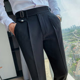 Wiaofellas New Design Men High Waist Trousers Solid England Business Casual Suit Pants Belt Straight Slim Fit Bottoms White Clothing