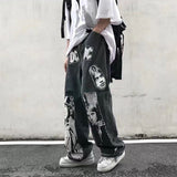 Wiaofellas Hip Hop Jeans Pant Men Patchwork Rock Band Print Wide Leg Streetwear Loose Straight Denim Patch Harajuku Trousers Couple skeleto