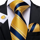 Wiaofellas Designer Mens Wedding Tie Gold Black Striped Silk Neck Ties For Men Hanky Cufflinks Set Business Party Gravatas