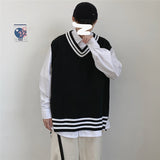 Wiaofellas Men Sweater Vests Striped Sleeveless V-neck Knitted Shrug Ins Preppy Style Ulzzang Chic Leisure Loose Male Clothing Harajuku New