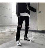 Wiaofellas Korean Streetwear Hole Men Black  Jeans Man Casual Straight Denim Pants Tight Fashion Male Jean Pants edgy Trousers