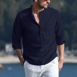Wiaofellas Men's Casual Shirt Cotton Solid Color Long Sleeve Blouse Chic Stand Collar Fashion Handsome Tops Streetwear Camisas