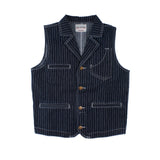 Wiaofellas Men Winter Fall Chic Striped Denim Vest Casual Suit Collar Multi Pocket Patchwork Safari Style Waistcoats Classical Vintage Tops