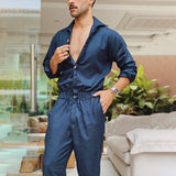 Wiaofellas Men Solid Color Jumpsuit Playsuit  Buttons Casual Cargo Clothes Overalls Turn Down Collar Long Sleeve Oversized Waist Pants