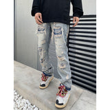 Wiaofellas Original Ripped Jeans for Men Vintage Wash Hole Loose Micro Horn Jeans Trousers High Street Men Clothing Streetwear Denim Pants