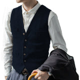 Wiaofellas Men's Suit Vest Wool Blend Elegant Sleeveless V-neck Button Slim Fit Herringbone Waistcoat For Wedding