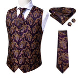 Wiaofellas Hi-Tie Burgundy Paisley Floral Silk Men's Slim Waistcoat Necktie Set For Suit Dress Wedding 4PCS Vest Necktie Hanky Cufflink Set