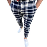 Wiaofellas Men's Casual Plaid Print Pants Skinny Pencil Pants Zipper Elastic Waist Oversize Pants Streetwear Trousers Men's Clothing