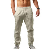 Wiaofellas Men's Cotton Linen Pants Summer Solid Color Breathable Linen Trousers Male Casual Elastic Waist Fitness Pants Hip-Hop Streetwear