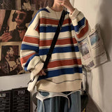 Wiaofellas Men's Fashion Loose Coats Striped Printing Wool Sweater Couples Clothes Cashmere Knitting In Warm Round Neck Pullover M-2XL