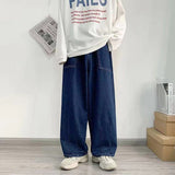 Wiaofellas New Style Men's Retro Streetwear Trousers Straight Overalls Hip Hop Casual Pants Trendy Loose Wide Leg Pants Blue Color Jeans