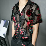 Wiaofellas Luxury Imitate Silk Flower Transparent Shirt Short Sleeve See Through Button Up Shirt Men Camicia Uomo Floral Velvet Shirt